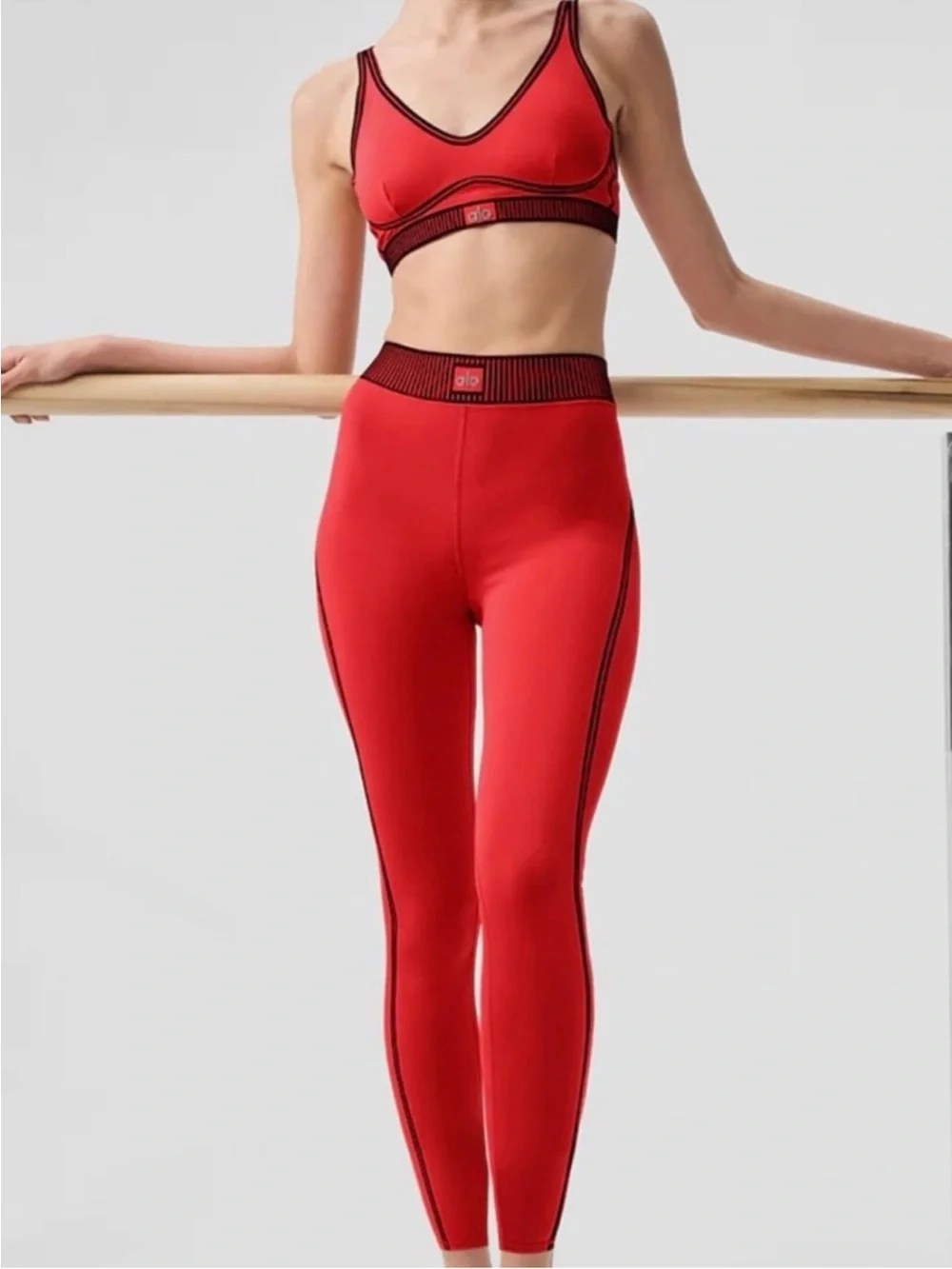 NWOT ALO Yoga Line Up Set Red Hot Summer High Waisted Leggings + Bra Sz XS 0-2